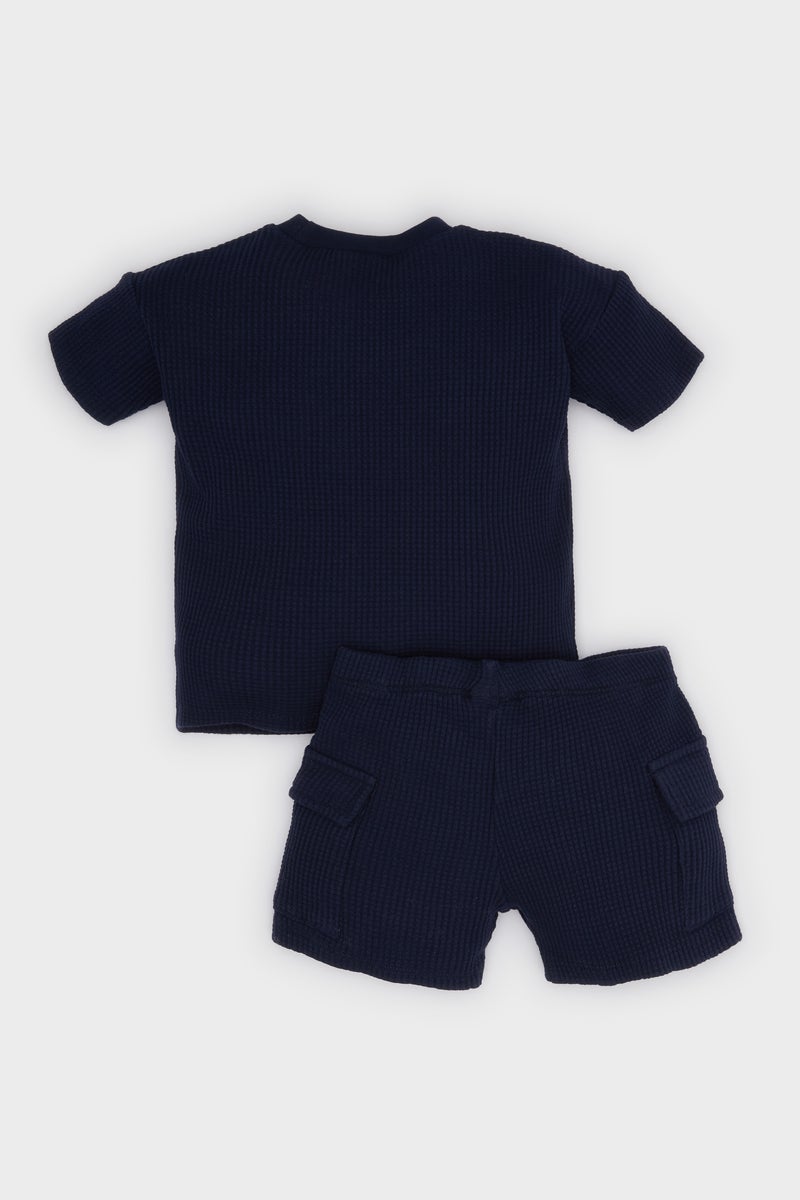 DeFacto Blue BabyBoy Baby Boy Waffle T-Shirt Elastic Waist Shorts 2 Piece Set Casual - Image 4